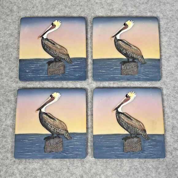 Pelican Ceramic Coaster for Drinks 4 Piece Set Cork Base Ocean Bird‎ Beach Theme - Picture 2 of 7